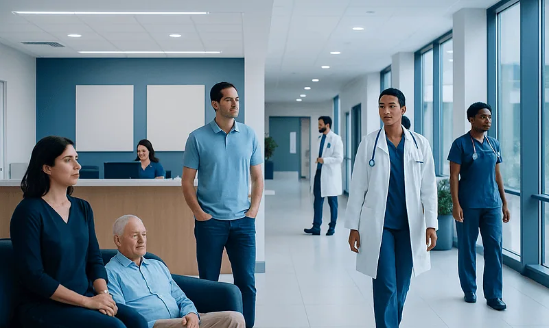 Healthcare professionals and patients in a modern hospital corridor.