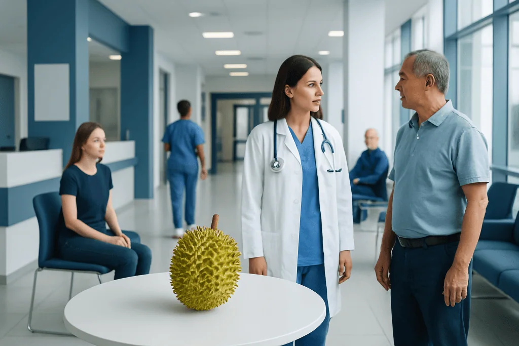 Durian: An Evidence-Based Guide for Patients 1 Doctor and patient talking in hospital corridor with durian fruit on table.