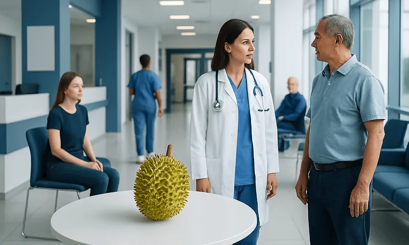 Doctor and patient talking in hospital corridor with durian fruit on table.