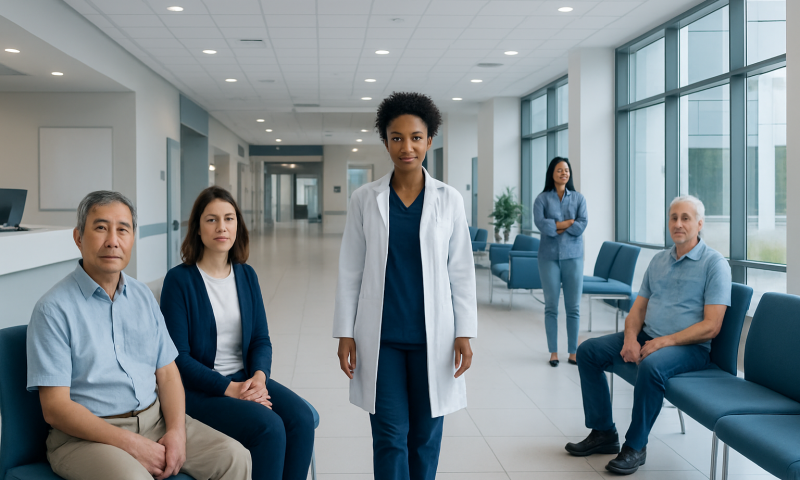 Diverse medical team in modern hospital waiting area.