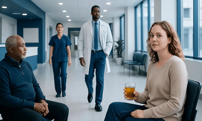 Patient holding a glass of tea in a hospital corridor with medical staff nearby.