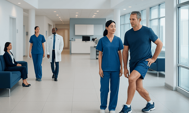 Patient doing leg stretch with nurse in hospital corridor.