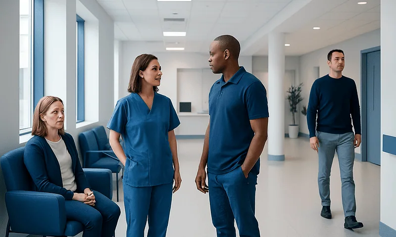 Medical staff and patient in hospital corridor at Acibadem Hospitals Group.