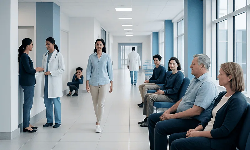 Patients waiting in a hospital corridor with medical staff nearby.