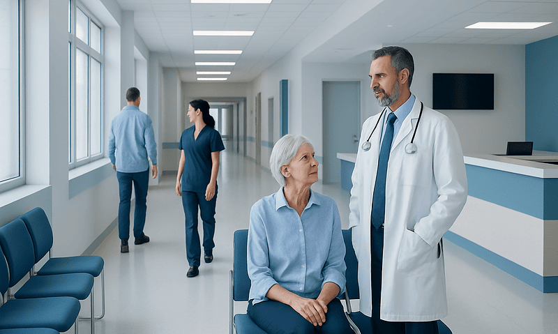 Doctor consulting elderly patient in hospital corridor.