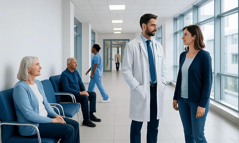 Doctor talking to a patient in a hospital corridor with waiting patients.