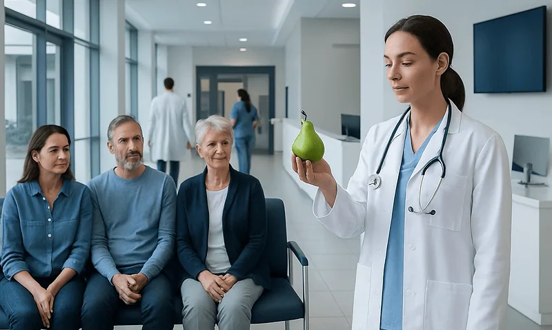 Doctor demonstrating a pear to patients in a hospital corridor.