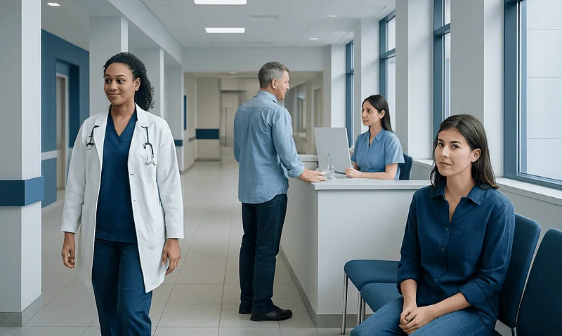 Medical staff and patient in hospital corridor at Acibadem Hospitals Group.