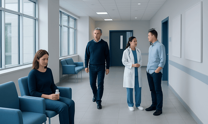 Patients and medical staff in a hospital corridor with large windows and seating area.