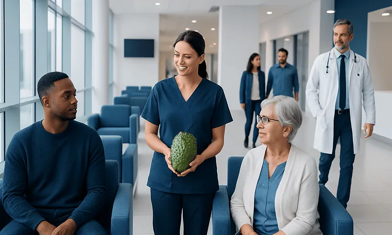 Healthcare professional holding soursop in hospital waiting area.