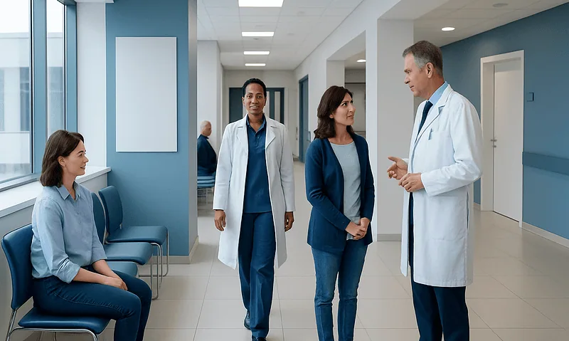 Medical professionals and patient in hospital corridor at Acibadem Hospitals Group.