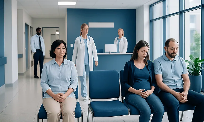 Patients waiting in a hospital corridor with medical staff nearby.