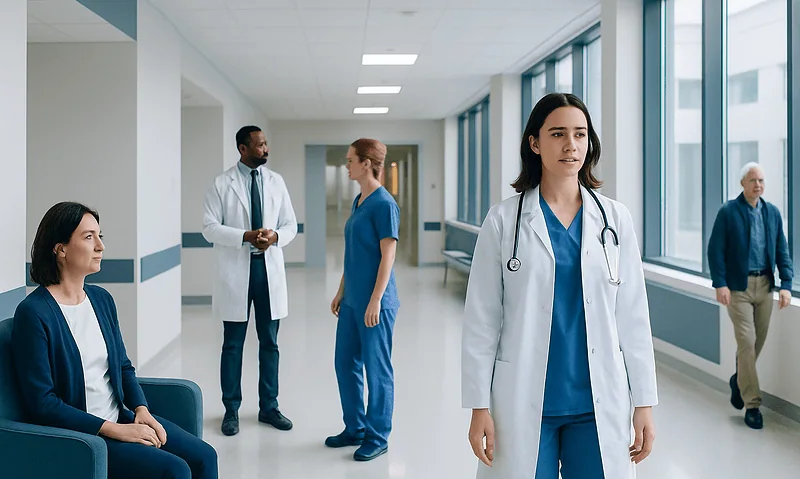 Medical professionals and patients in a hospital corridor at Acibadem Hospitals Group.