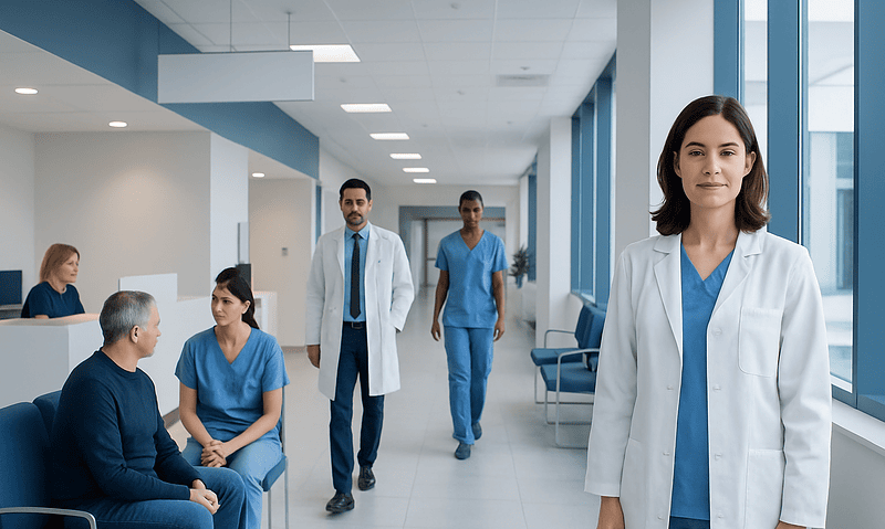 Healthcare professionals and patients in a modern hospital corridor.