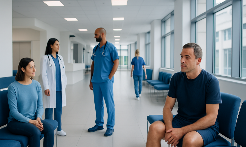 Patients waiting in a hospital corridor with medical staff nearby.