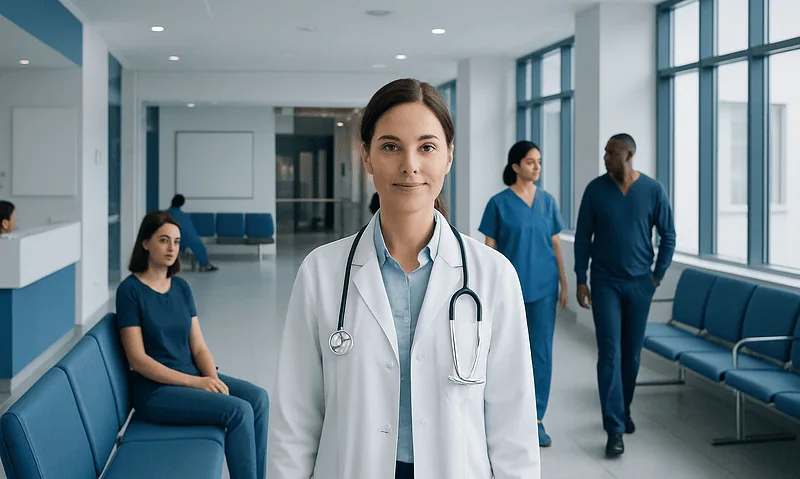 Healthcare professionals in a hospital waiting area with a female doctor in the foreground.