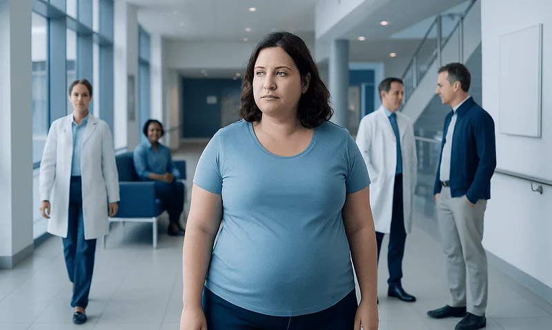 PCOS Belly: A Complete Clinical Guide for Patients 16 Woman waiting in hospital corridor with medical staff in background.