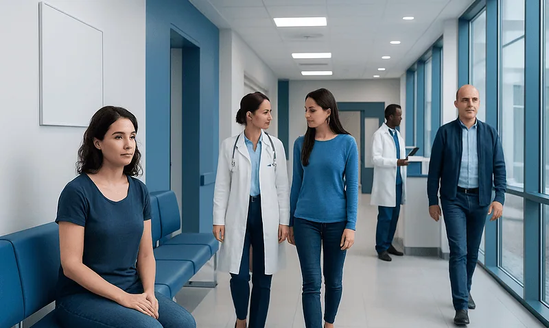 Patients and doctors in a modern hospital corridor.