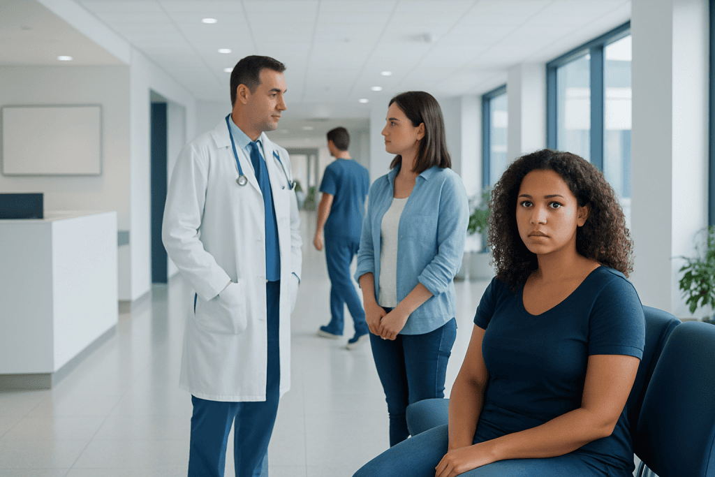 PCOS Symptoms: Possible Causes and When to Seek Care 1 Doctor consulting with woman patient in hospital corridor.