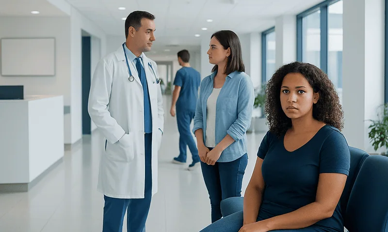 Doctor consulting with woman patient in hospital corridor.