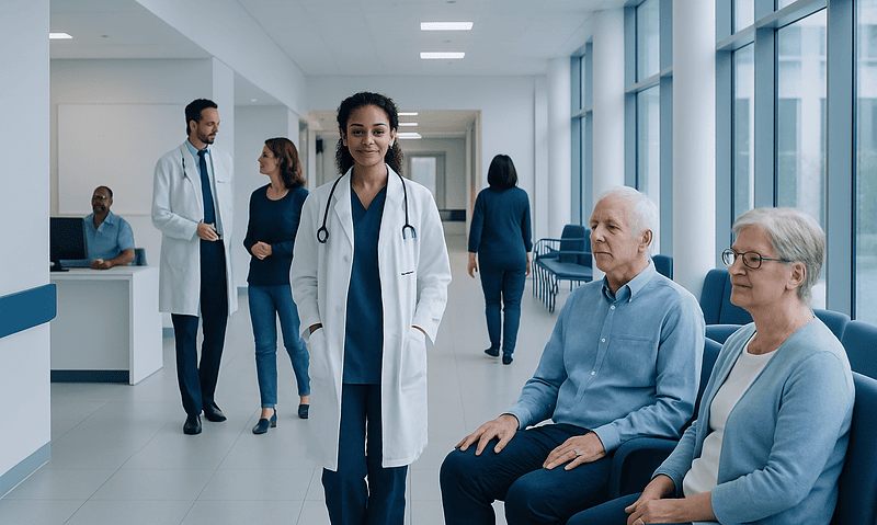 Healthcare professionals and patients in a modern hospital corridor.