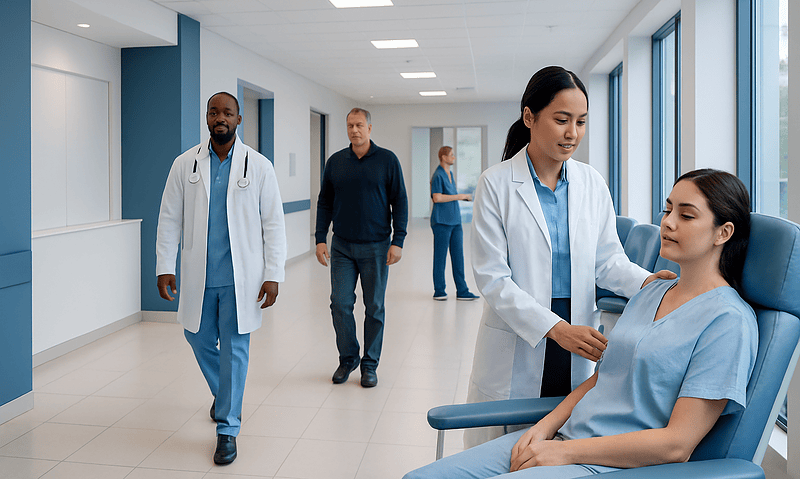 Medical professionals examining a patient in a modern hospital corridor.