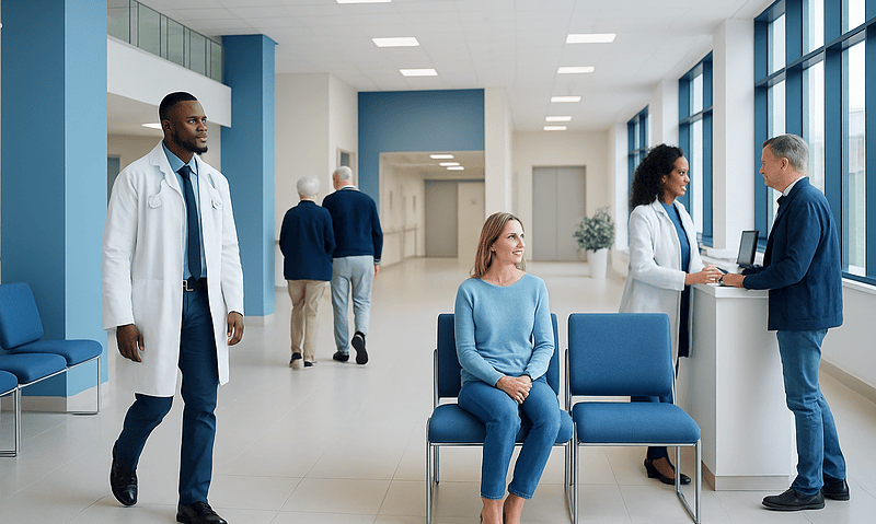 Diverse medical staff and patients in a modern hospital lobby.