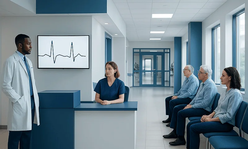 Doctor explaining ECG to patients in hospital corridor.