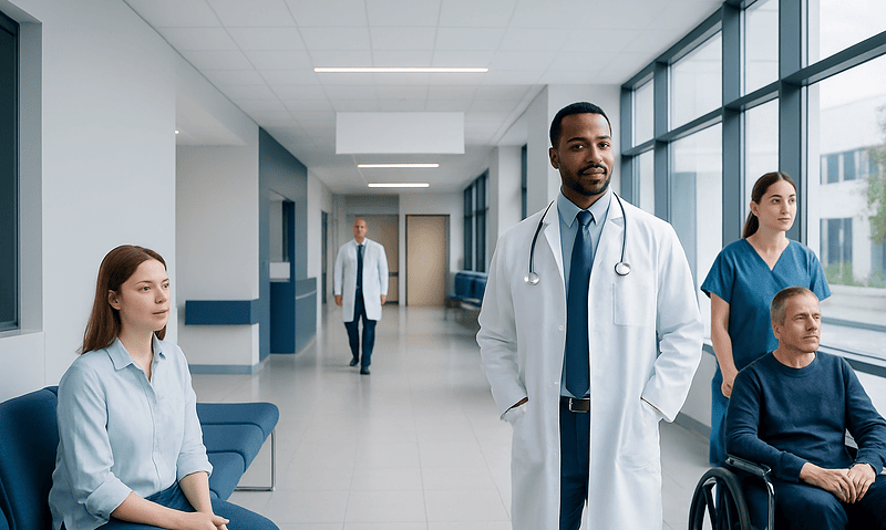Diverse medical team in hospital corridor with patient in wheelchair.