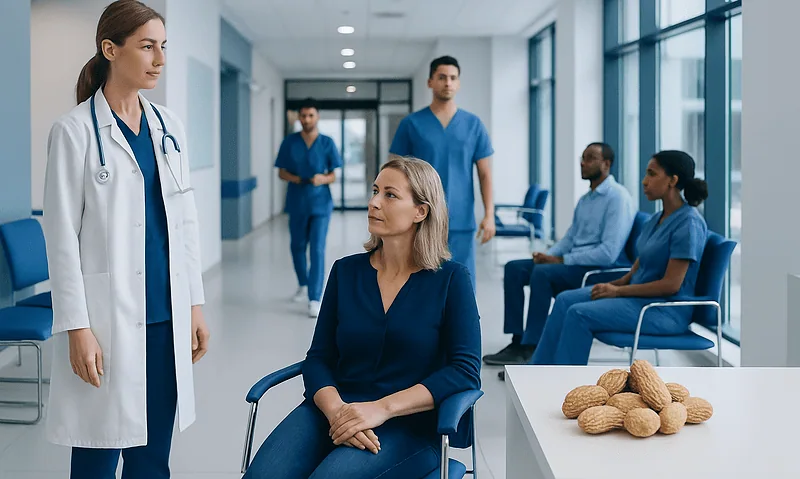 Medical consultation in hospital corridor with healthcare professionals and patient.