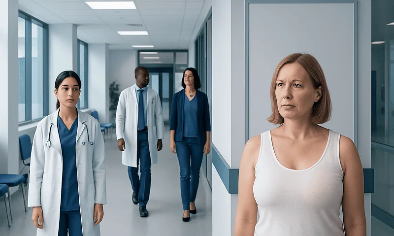 Peau D'orange: An Evidence-Based Guide for Patients 9 Patient with skin changes in hospital corridor, healthcare professionals nearby.