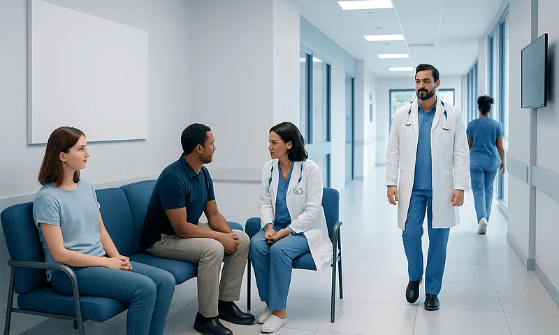 Medical consultation in a hospital corridor with doctors and patients.