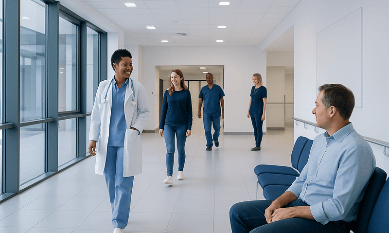 Healthcare professionals and patients in a modern hospital corridor.