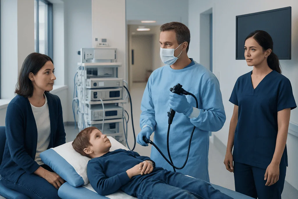 Pediatric Endoscopy: Why a Child May Need It and What Parents Can Expect 1 Pediatric endoscopy procedure in a hospital setting with medical staff and a young patient.