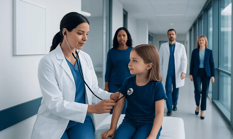 Pediatric doctor checks child's vital signs in hospital corridor.
