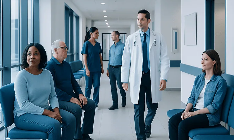 Medical professionals and patients in a hospital corridor at Acibadem Hospitals Group.