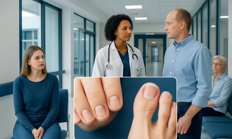 Doctor consulting with patient about nail health in clinic setting.