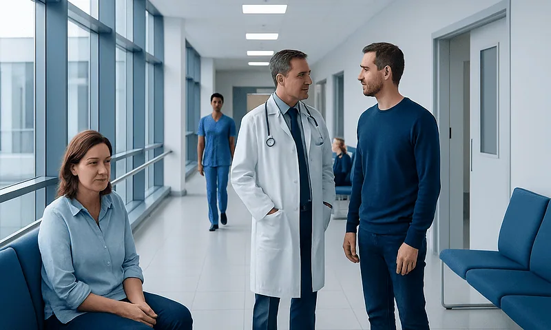 Medical team consulting in a hospital corridor with patients nearby.