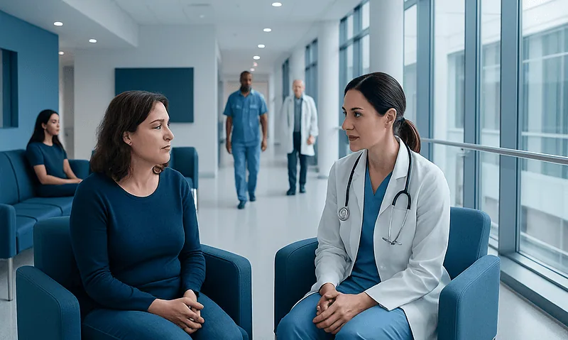 Doctor consulting a patient in a modern hospital corridor.