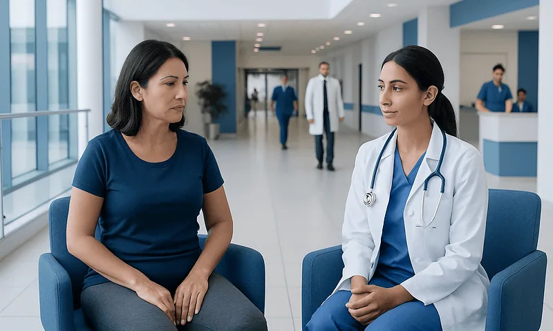 Doctor consulting with patient in hospital lobby for pelvic health issues.
