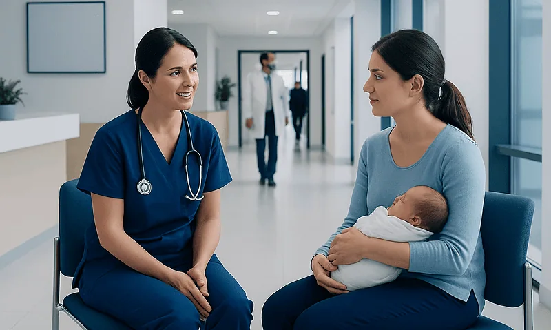 Mother with newborn discussing postpartum recovery with healthcare professional.
