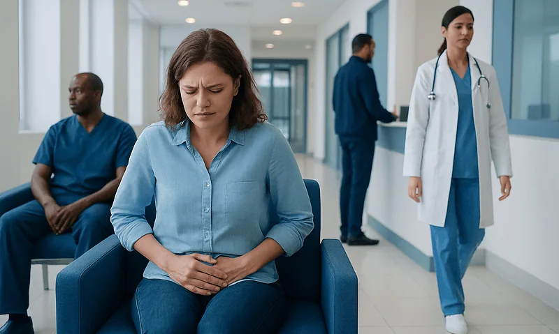 Woman experiencing abdominal pain in hospital waiting area.