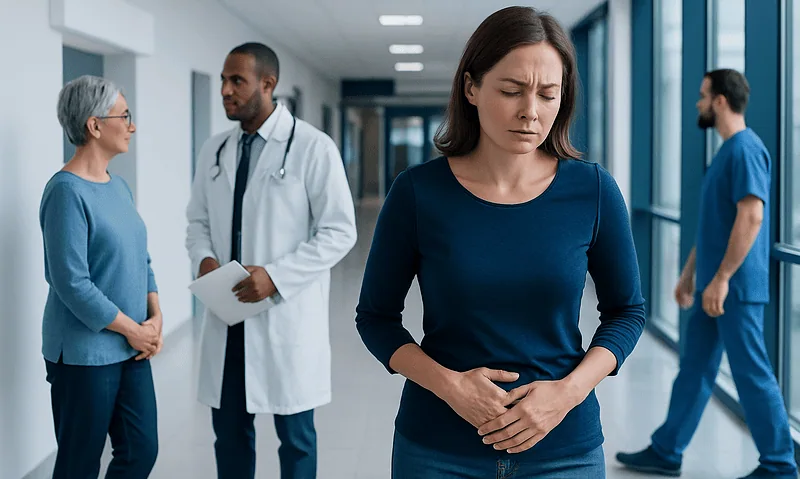 Woman experiencing pelvic pain in a hospital corridor with medical staff nearby.