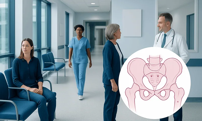 Medical consultation in hospital corridor with pelvic anatomy illustration.