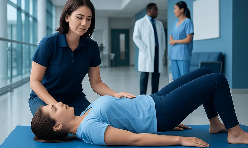 Physical therapist performing pelvic tilt exercise on patient in hospital setting.