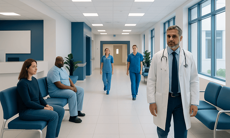 Medical team and patients in a hospital corridor at Acibadem Hospitals Group.