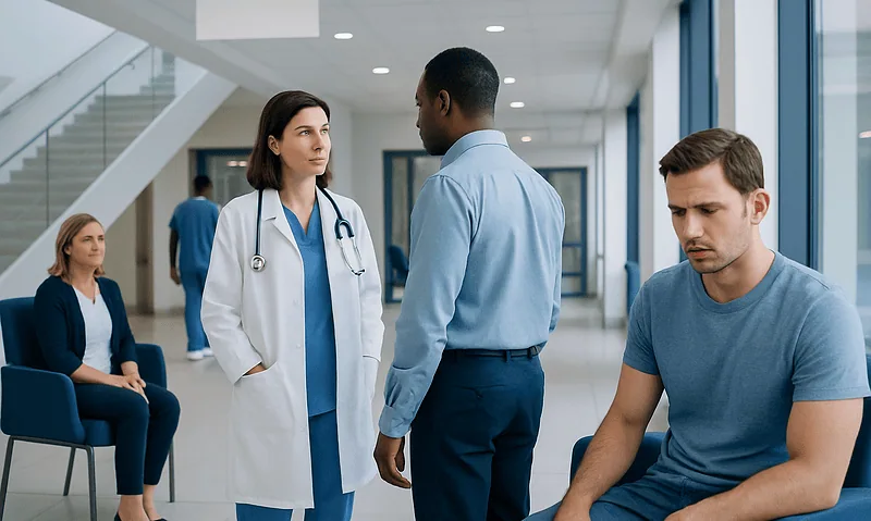 Doctor consulting with male patient in hospital corridor.