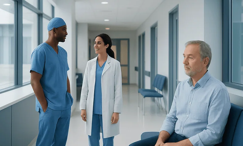 Medical team discussing patient care in hospital corridor.
