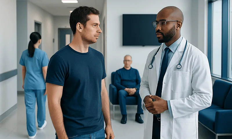 Doctor consulting male patient in hospital corridor with nurse in background.