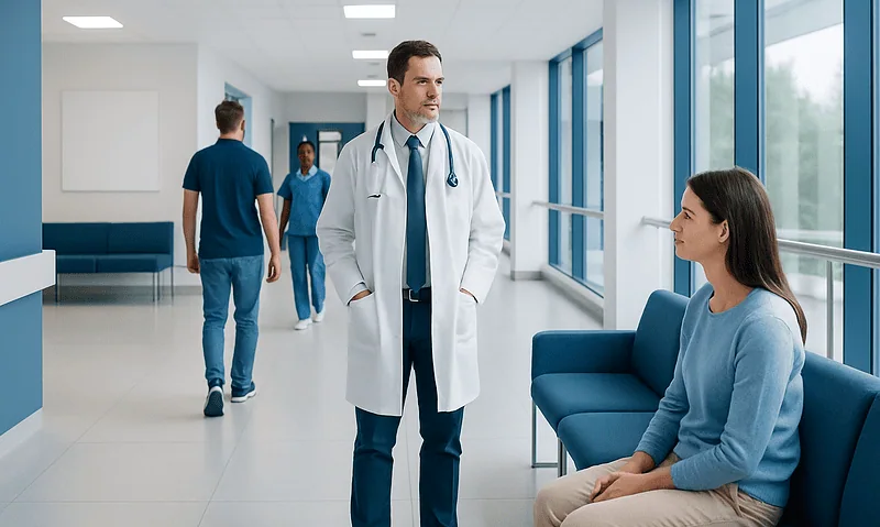 Doctor consulting a patient in a modern hospital corridor.